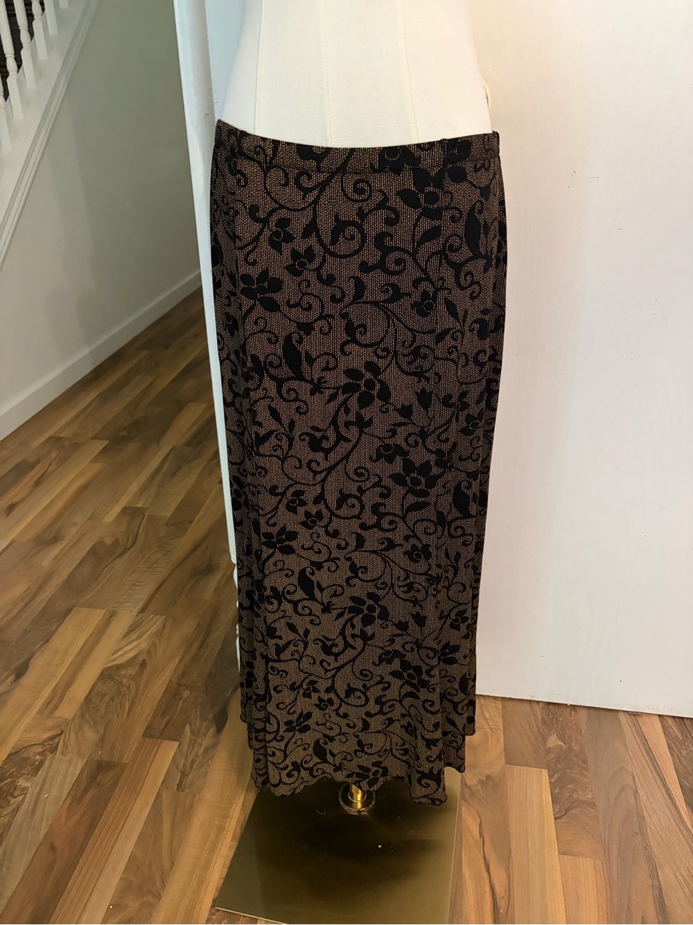 Vintage Brown / Tan Black Floral Long Skirt, Large, Gothic : Romantic : Alt :